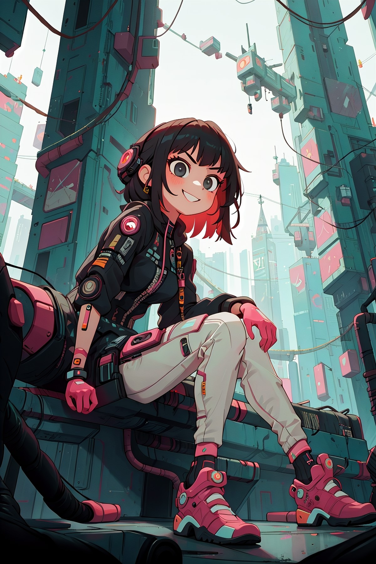 masterpiece,best quality,1girl,cyberpunk,serious,smile,sitting,from below